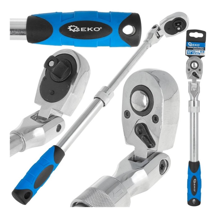 Cheie cu clichet cu cap flexibil si maner telescopic, 1 / 2&quot;, 370-510 mm, 72 T, Cr-V, Geko G10127