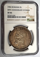 Moneda rara 5 lei 1906 Carol I | din argint | gradata NGC XF 45 foto