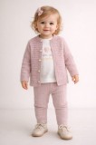 Set roz pudra tricotat 3 Piese, Cardigan + Bluza + Pantaloni (Marime
