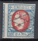 ROMANIA 1869 LP 29 b REGELE CAROL I CU FAVORITI 50 BANI ALBASTRU DESCIS SI ROSU STAMPILA GRATAR EFIGIE USOR DEPLASATA