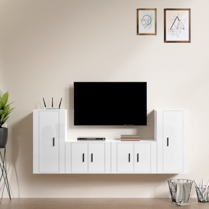 vidaXL Set dulap TV, 4 piese, alb extralucios, lemn prelucrat
