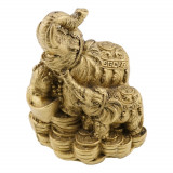 Statueta feng shui din rasina cu elefant cu pui pe monede si pepite 95cm, Stonemania Bijou