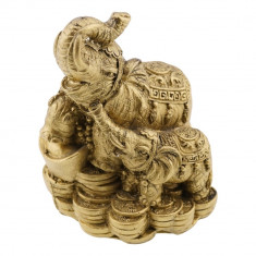 Statueta feng shui din rasina cu elefant cu pui pe monede si pepite 95cm
