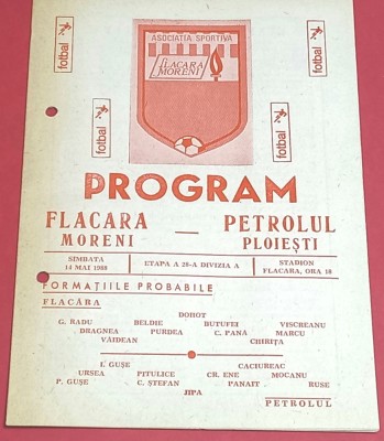 Program meci fotbal FLACARA MORENI - PETROLUL Ploiesti (14.05.1988) foto