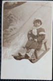 Fotografie tip Carte Postala, Fetita la sanius, 1934