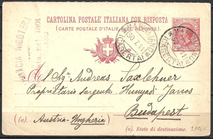 ITALIA 1911 - CARTOLINA POSTALE ITALIANA CON RISPOSTA - &Icirc;NTREG POȘTAL CIRCULAT CU MARCĂ FIXĂ - EXPEDIAT DIN ITALIA CĂTRE BUDAPESTA (C33)