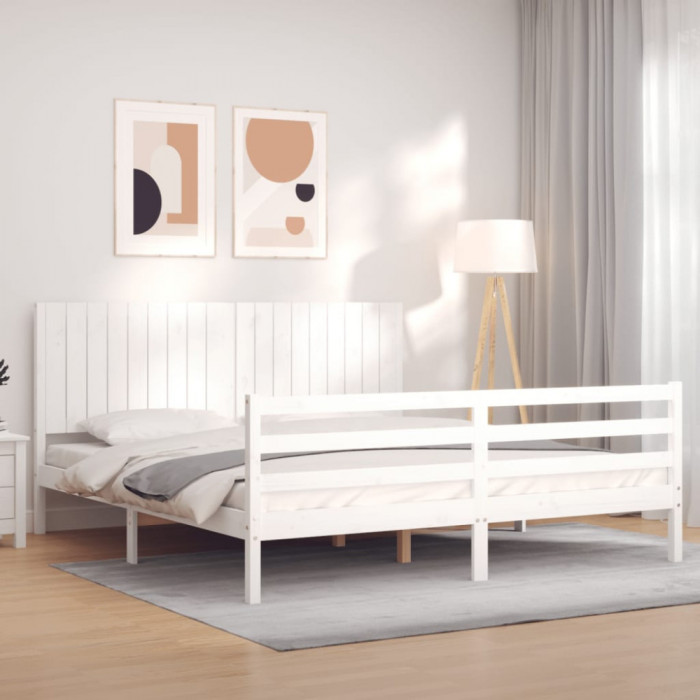 Cadru de pat cu tablie Super King Size, alb, lemn masiv GartenMobel Dekor