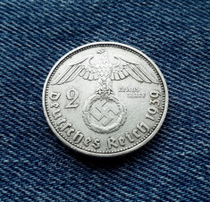 #27 Germania 2 Reichsmark 1939 d, marci germane argint WW2 foto