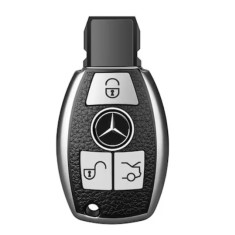 Husa Cheie Auto pentru Mercedes Benz, cu insertii piele, 3 Butoane, Silicon, Silver, Compatibila cu tipurile de chei Mercedes-Benz: A/B/C/E/S Class/CL