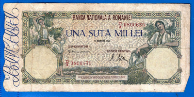 (41) BANCNOTA ROMANIA - 100.000 LEI 1946 (21 OCTOMBRIE 1946), FILIGRAN ORIZONTAL foto