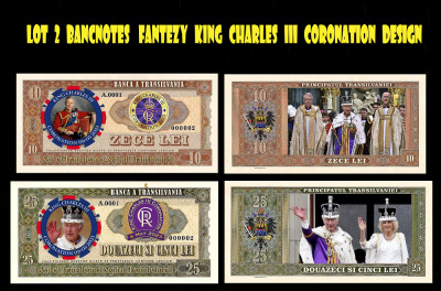 REPRODUCERI lot 2 bancnote 2023 Fantezie King Charles III coronation design foto