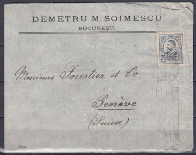 ROMANIA 1908/1910 PLIC CU ANTET FRANCAT CAROL I GRAVATE 25 BANI CIRCULAT 1913 foto