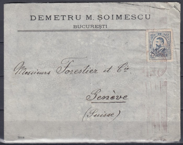 ROMANIA 1908/1910 PLIC CU ANTET FRANCAT CAROL I GRAVATE 25 BANI CIRCULAT 1913