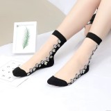 Sosete pentru dama, SS150, model flori, Alb/Negru, marime universala (35-39)