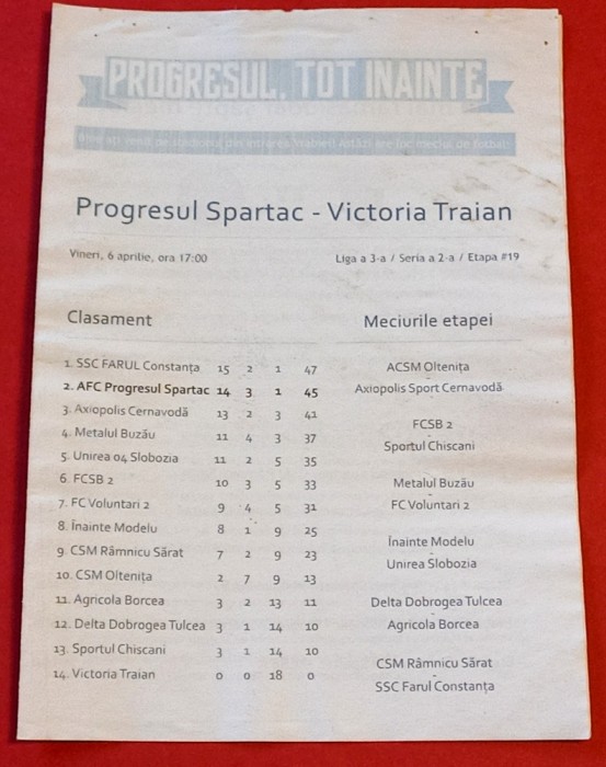 Program meci fotbal &quot;PROGRESUL&quot; SPARTAC - &quot;VICTORIA&quot; TRAIAN (06.04.2018)