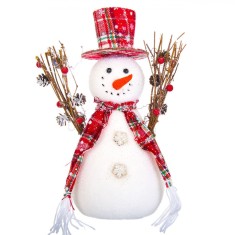 Figurina Decorativă Crăciun, Om de Zăpadă, Pălărie Roșie cu Carouri, 30 cm