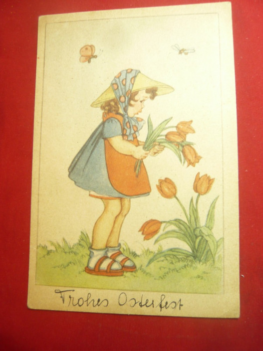 Ilustrata de autor - Fetita culegand lalele -interbelica Germania