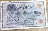 BNKSTR02DE Bancnotă Germania 100 Mărci / Mark 7 Februarie 1908, Serie Roșie, Stare VG (Uzată, Margine Franjurată, Pliuri și Pete
