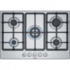 Plita incorporabila Bosch Serie 4 PGQ7B5B90, 5 arzatoare, gaz, aprindere electrica, gratare fonta, WOK, inox