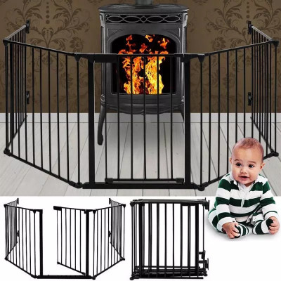 Gard de protectie semineu pentru copii si animale de companie, 304x75 cm, asamblare versatila, grilaj metalic negru foto