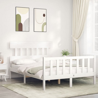 vidaXL Cadru de pat cu tăblie, 140x190 cm, alb, lemn masiv foto