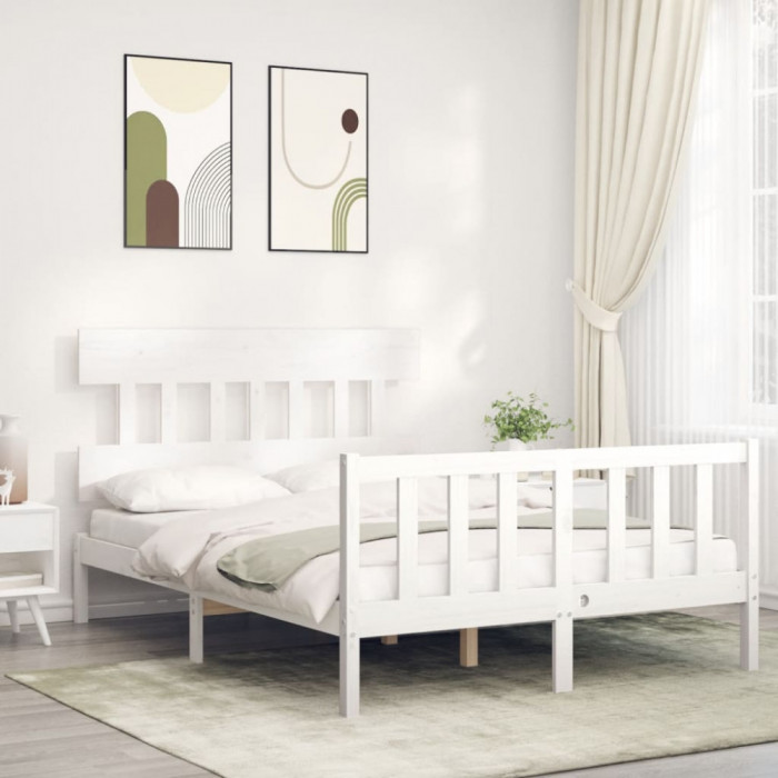 vidaXL Cadru de pat cu tăblie, 140x190 cm, alb, lemn masiv