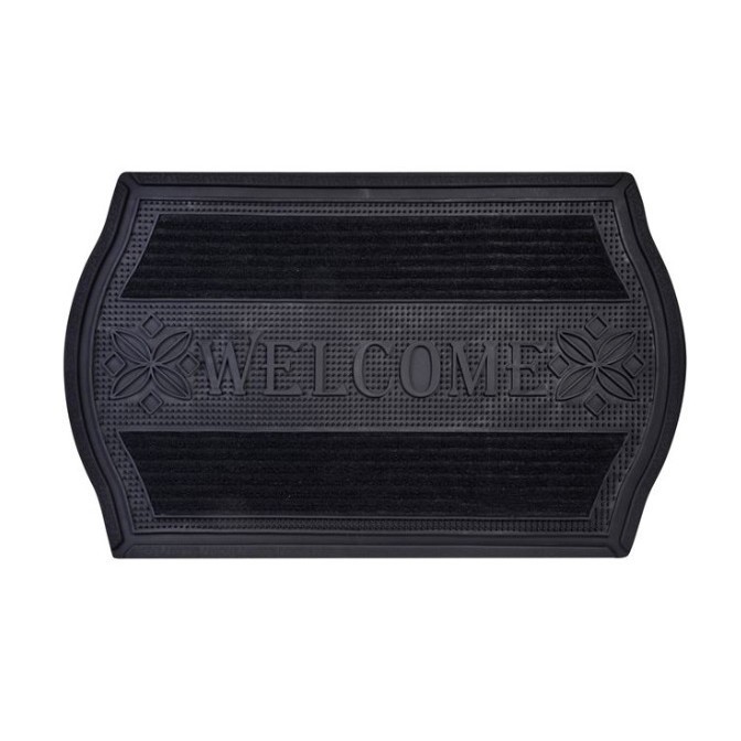 Covor intrare ConceptSeller&reg;, antiderapant, model cu dungi reliefate si mesaj &quot;Welcome&quot;, asimetric, material PVC si mocheta, Lungime x Latime x grosim
