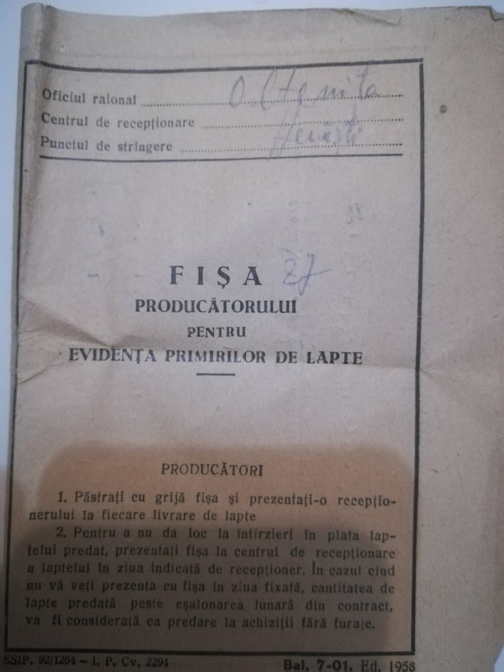 Fisa pentru cota de lapte, anii 50, Herasti, raion Oltenita, comunism |  Okazii.ro