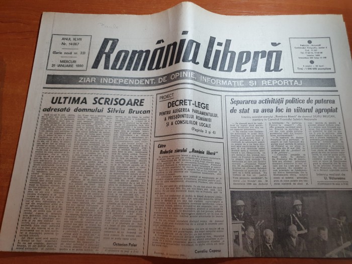 ziarul romania libera 31 ianuarie 1990- art.&quot;ultima scrisoare pt. silviu brucan&quot;