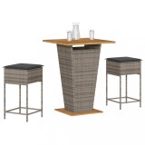 VidaXL Set mobilier bar de grădină, cu perne, 3 piese, gri, poliratan