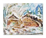 Tablou pictat manual, Peisaj de iarna, stilizat, 25x20cm acril pe panza in cutit efect 3D, Kenny Varniote