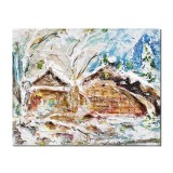Tablou pictat manual, Peisaj de iarna, stilizat, 25x20cm acril pe panza in cutit efect 3D, Kenny Varniote