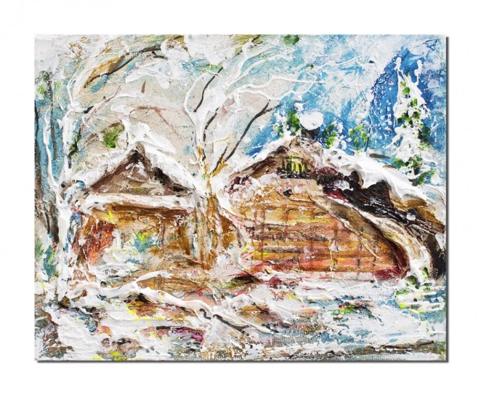 Tablou pictat manual, Peisaj de iarna, stilizat, 25x20cm acril pe panza in cutit efect 3D, Kenny Varniote