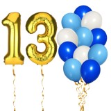 Set 14 Baloane Aniversare 13 Ani Baiat Albastru Ropet - 2 Folie Aurii 81cm + 12 Latex 30cm - Decor Petrecere Copii