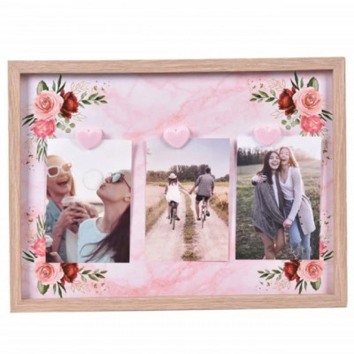 Cadru panou foto Pufo Love Every Day din lemn cu cleme, pentru 3 poze, 40 x 30 cm foto