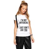 Tricou Dama Alb THEICONIC I&#039;m Not Antisocial Bumbac 100% Anchior Cambrat Mesaj Personalitate Marimea M