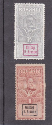 1918 - Ocupatia germana in Romania, Timbru fiscal 30 bani si 1 leu cu supratipar MViR rosu si negru foto