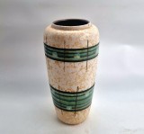vaza din ceramica glazurata Germania anii ' 60 Scheurich ( ? ) finisaj texturat crem / bej benzi orizontale bej si negre + modele florale