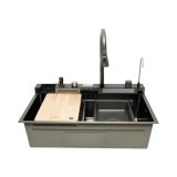 Chiuveta bucatarie multifunctionala din otel inoxidabil grafit mat PVD cu doua baterii, afisaj digital temperatura, doua cascade, dozator detergent, s
