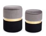 Cumpara ieftin Set 2 tabureti catifea gri neagra baza metal auriu cu spatiu depozitare Polina &Oslash; 31.5 cm x 38 h; &Oslash; 36 cm x 44 h