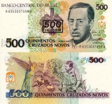 Bancnota Brazilia 500 Cruzeiros / 500 Cruzados Novos UNC, America de Sud, Neutilizata