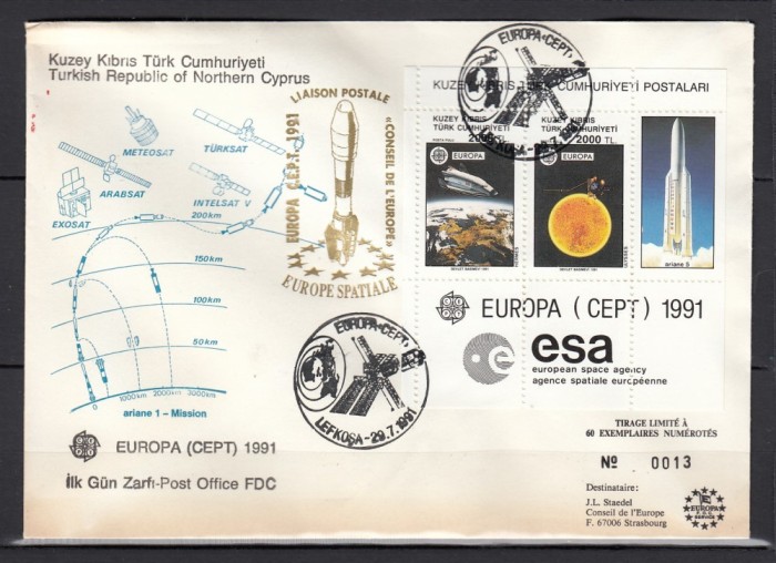 Cipru Turc 1991 - FDC SPECIAL AUR - EUROPA SPATIALA - Tiraj 60 ex. numerotate