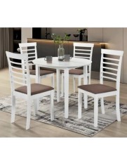 Set masa living si bucatarie Sophia, MDF, rotunda, 90x74 cm si 4 scaune Montreal, lemn masiv, tapiterie stofa, 100 kg, alb