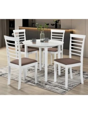 Set masa living si bucatarie Sophia, MDF, rotunda, 90x74 cm si 4 scaune Montreal, lemn masiv, tapiterie stofa, 100 kg, alb foto
