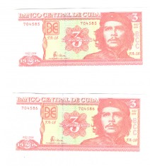 2 bancnote Cuba 3 pesos 2004, serie consecutiva, stare buna