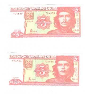 2 bancnote Cuba 3 pesos 2004, serie consecutiva, stare buna foto