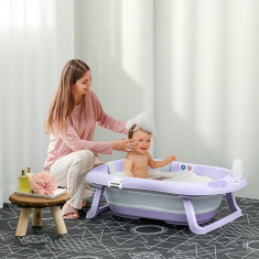 ZONEKIZ Cadita pentru Baie Pliabila pentru Copii 0-6 ani cu Perna si 2 Spatii de Depozitare Incluse, 83x48x23.5 cm, Violet si Alb