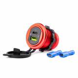 Incarcator auto/moto waterproof cu USB QC3.0 si USB-C PD 18W 12/24V AMiO MOD-09, carcasa din aluminiu, iluminare rosie, pentru motociclete, quady,