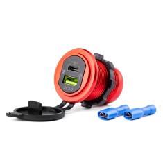 Incarcator auto/moto waterproof cu USB QC3.0 si USB-C PD 18W 12/24V AMiO MOD-09, carcasa din aluminiu, iluminare rosie, pentru motociclete, quady,
