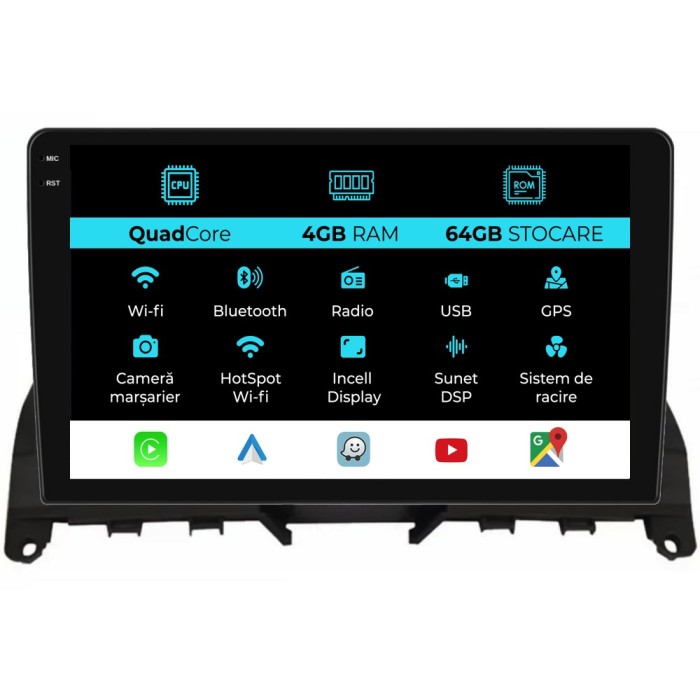 Navigatie Dedicata Mercedes C-Class W204 S204 (2006-2013),QuadCore, 9Inch, 4Gb Ram, 64Gb Stocare, Carplay
